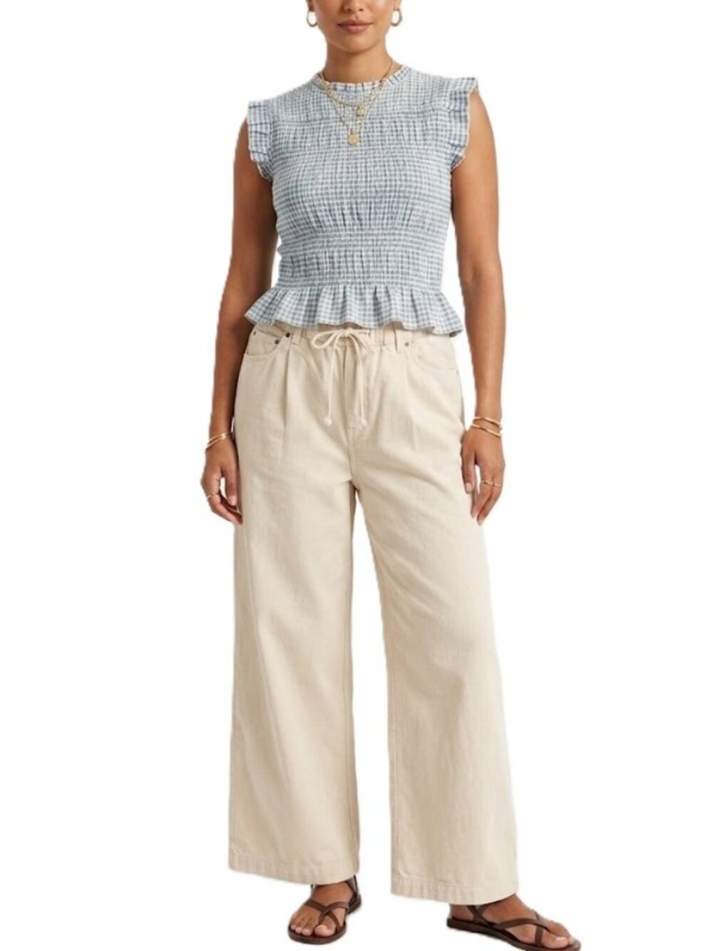 ZARA Ecru Wide Leg Drawstring Pants Small 100% Cotton Pull On Coastal